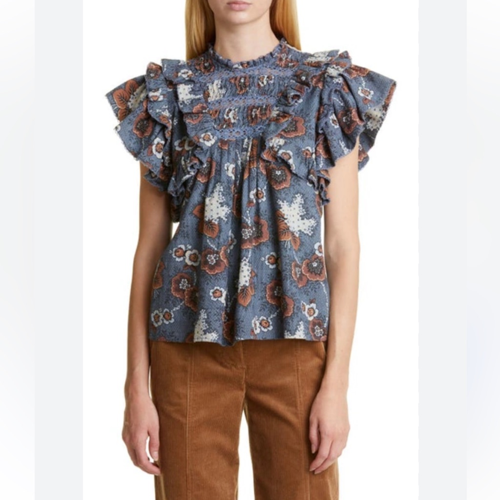 Sea New York Sea Lucinda Ruffle Floral Print Top In Blue Size Small